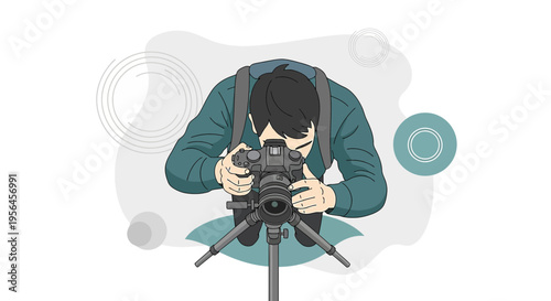 Focused photographer intently adjusts settings for the perfect shot outdoors scenery