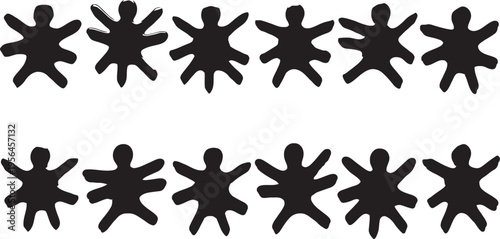 A group of people standing in two rows with outstretched arms and legs in a celebratory or supportive formation on a plain white background