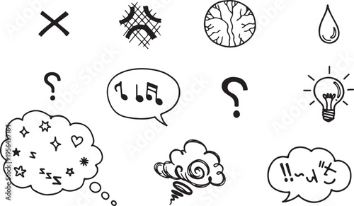 A set of black and white hand-drawn comic book icons. Features various emotional and action symbols including lightbulbs for ideas, music notes, question marks, and "swearing" dialogue clouds.