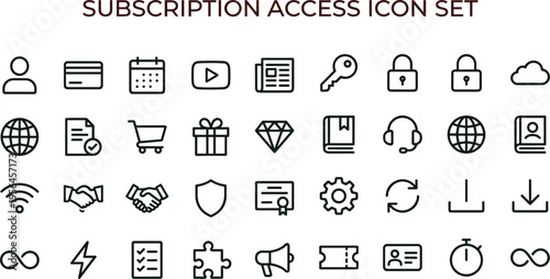Subscription access outline icon set featuring authentication login security membership permissions dashboard interface symbols for business applications and services