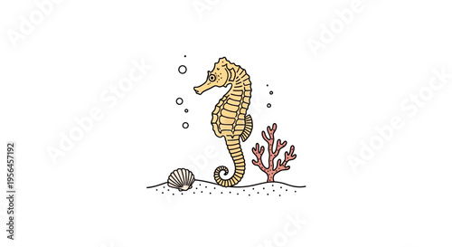 Stylized Seahorse with Coral and Shell on Sand