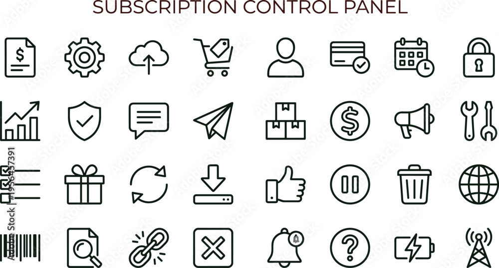 Fototapeta premium Subscription control panel outline icon set featuring account management analytics payment security interface symbols for business dashboard applications