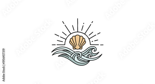 Seashell and Waves with Sun Rays Graphic Illustration