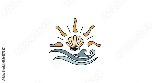 Seashell with Sun Rays and Waves Graphic Illustration