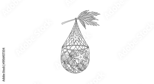 Seashells and Starfish in a Net Hanging from a Palm Frond Line Art