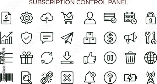 Subscription control panel outline icon set featuring account management analytics payment security interface symbols for business dashboard applications