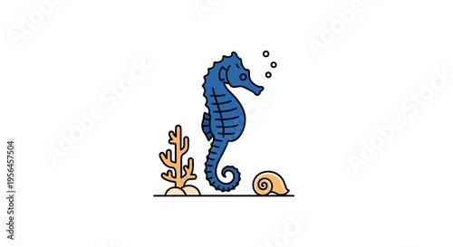 Stylized Blue Seahorse with Coral and Shell Illustration