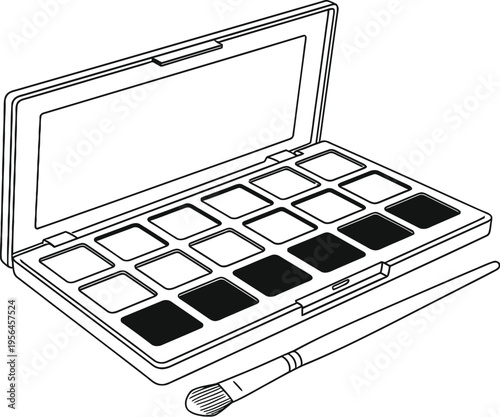 A black and white line art illustration of an open makeup eyeshadow palette with a small brush
