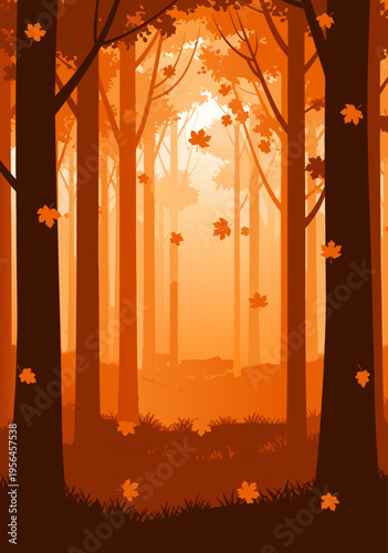 Tableau sur toile Beautiful Autumn Forest Scene Vector Illustration with Falling Leaves and Warm O