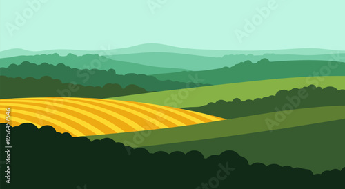 Rolling golden fields and green hills in a serene landscape vector illustration, beautiful natural scenery