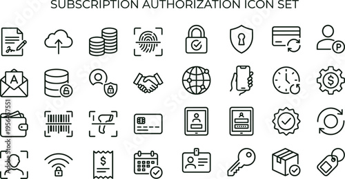 Subscription authorization outline icon set featuring identity verification access control authentication security interface symbols for business applications and dashboards