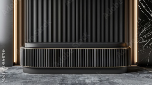 Modern, luxurious reception desk with dark vertical paneling and gold accents