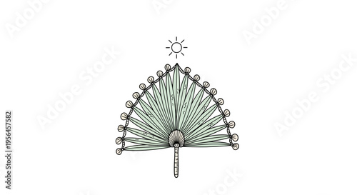 Stylized Palm Leaf Fan with Decorative Edges and Sun Illustration