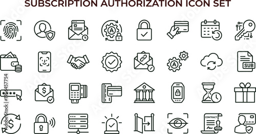 Subscription authorization outline icon set featuring identity verification security access approval authentication interface symbols for business applications