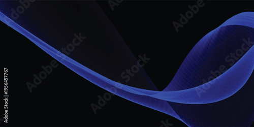 Abstract background with intense radiant neon blue dynamic digital cyber wave mesh on black.