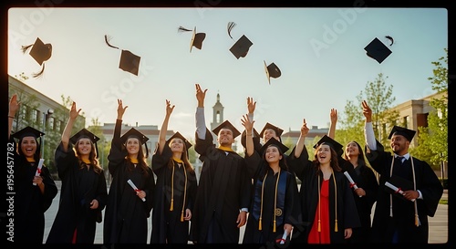 A group of young adults in graduation gowns and caps throwing their caps in the air in celebration of their academic achievement