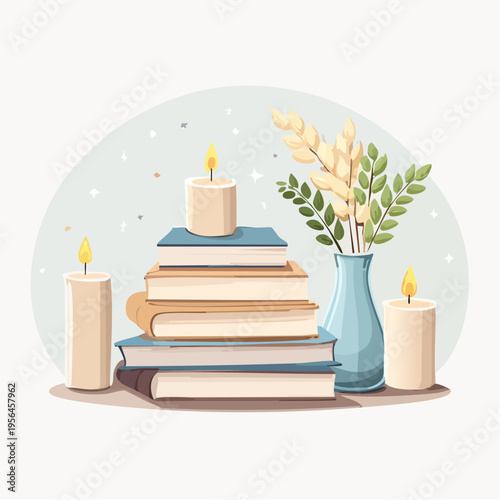 Stilvolle Buchdekoration mit Vase und Kerzen
