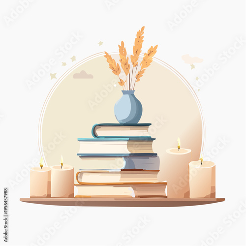 Stilvolle Buchdekoration mit Vase und Kerzen