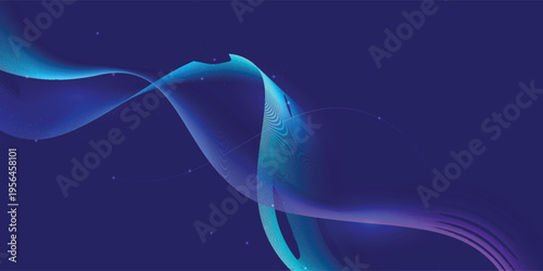 Abstract background with mysterious radiant intense cobalt blue and radiant fuchsia textured cyber ribbon wave with particles