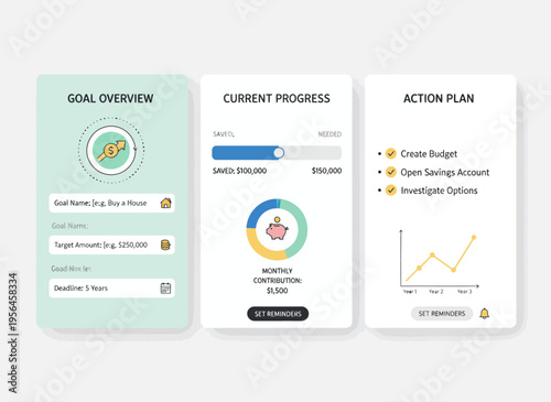 Financial planning app screens display goal overview, current progress, and action plan on mobile device.