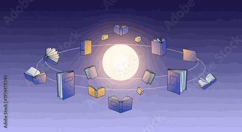 Galactic library: books orbiting knowledge, illustration of luminous ideas, conceptual learning