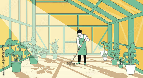 Gardener sweeps the floor in an indoor botanical garden filled with lush greenery and sunlight