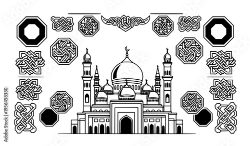 Islamic mosque and geometric pattern black white Arabic background vector illustration