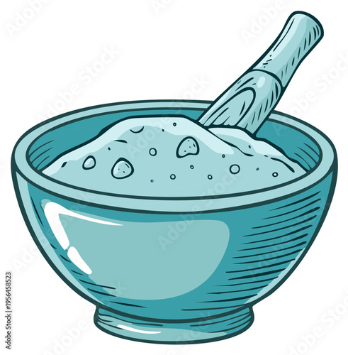 Stylized blue bowl with white granulated powder and a wooden pestle for kitchen use