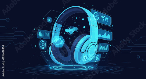 Futuristic headphones interface, digital audio experience concept for modern communication