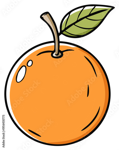 Stylized orange with leaf and stem, a vibrant citrus fruit with bright colors and cartoon style illustration.