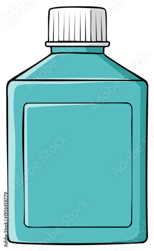 Cartoon illustration of a teal medicine or hygiene product bottle with a blank label