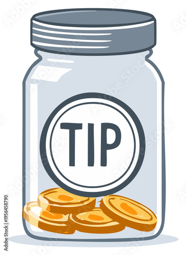 Cartoon tip jar with golden coins and a 'TIP' label for gratuity and service payment