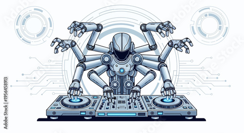 Futuristic Robot DJ Performing Electronic Music with Multiple Arms on Turntables