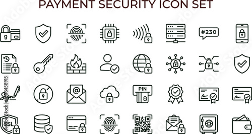 Payment security outline icon set featuring encryption authentication privacy protection transaction interface symbols for digital finance applications