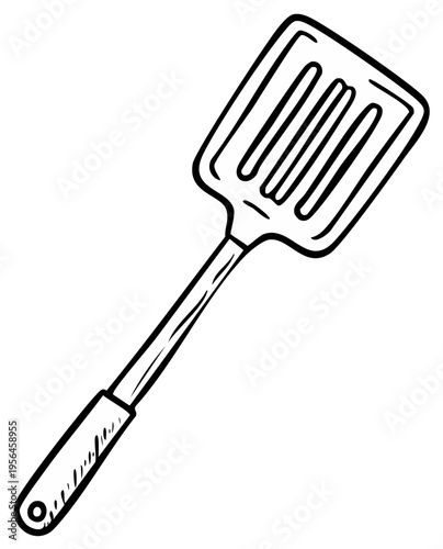 Hand-Drawn Illustration of a Slotted Turner Kitchen Utensil for Flipping Food Items on White