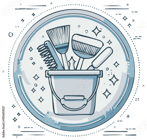Cleaning Tools in Bucket Illustration for Housekeeping and Hygiene Purposes