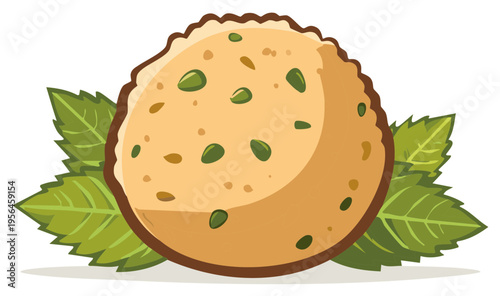 Cartoonish falafel ball with fresh mint leaves, isolated illustration.