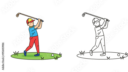 Little Boy Playing Golf Cartoon Vector Illustration - Set of Color and Outline Coloring Page Version for Kids Sport Education, Hobby, and Leisure Activity