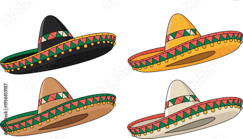 Mexican sombrero illustration set, colorful traditional hats vector with decorative patterns, festive cultural design for fiesta, celebration, costume, and themed graphic artwork use