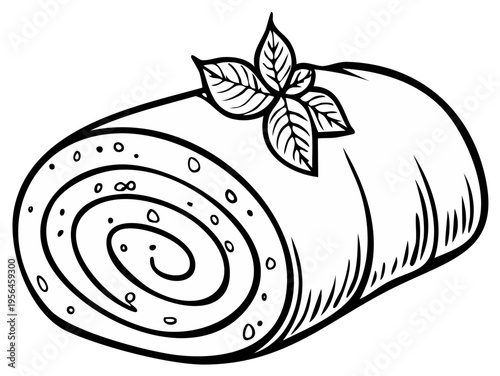 Appetizing Swiss Roll Sketch with Mint Sprig for Coloring Delight and Sweet Dessert Illustration