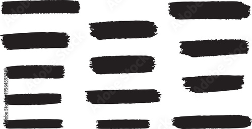 A versatile collection of hand-painted black brush strokes featuring a rough, organic texture. These horizontal ink swipes showcase distressed edges and a realistic dry-brush effect