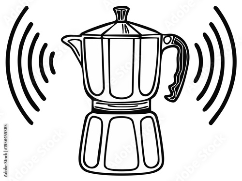 Italian Moka Pot with Sound Waves Illustration, Coffee Brewing Concept