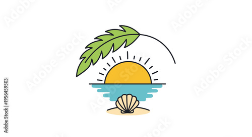 Tropical Beach Scene with Palm Leaf, Sun, Sea, and Seashell