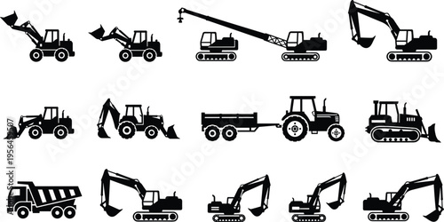Silhouette icons of construction machinery including excavators, bulldozers, cranes, tractors, dump trucks, loaders, and heavy equipment vehicles for 