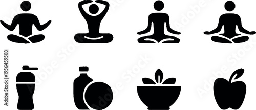 Set of minimalist black and white icons representing meditation, healthy lifestyle, wellness, and organic food