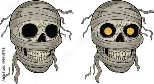 Mummy skull illustration set, wrapped skeleton head with glowing eyes, creepy Halloween character vector, horror themed design for tattoo, poster, and spooky artwork use