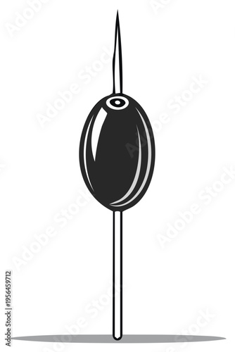 Stylized black olive garnish on a cocktail pick simple vector icon