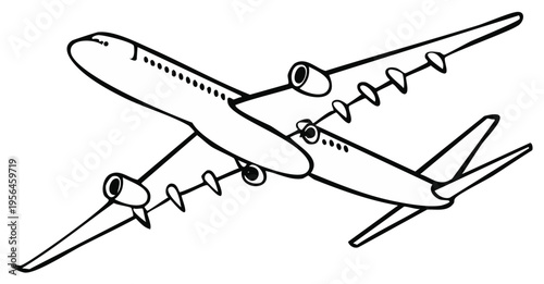 Airplane Illustration in Flight Aviation Passenger Jet Flying Transport Outline Graphics