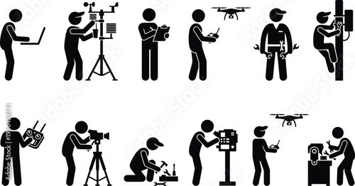 Drone operator and technician silhouettes set, aerial photography piloting maintenance activities, unmanned aircraft vector icons collection