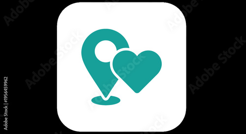 Teal Location Pin with Heart Icon on White Background